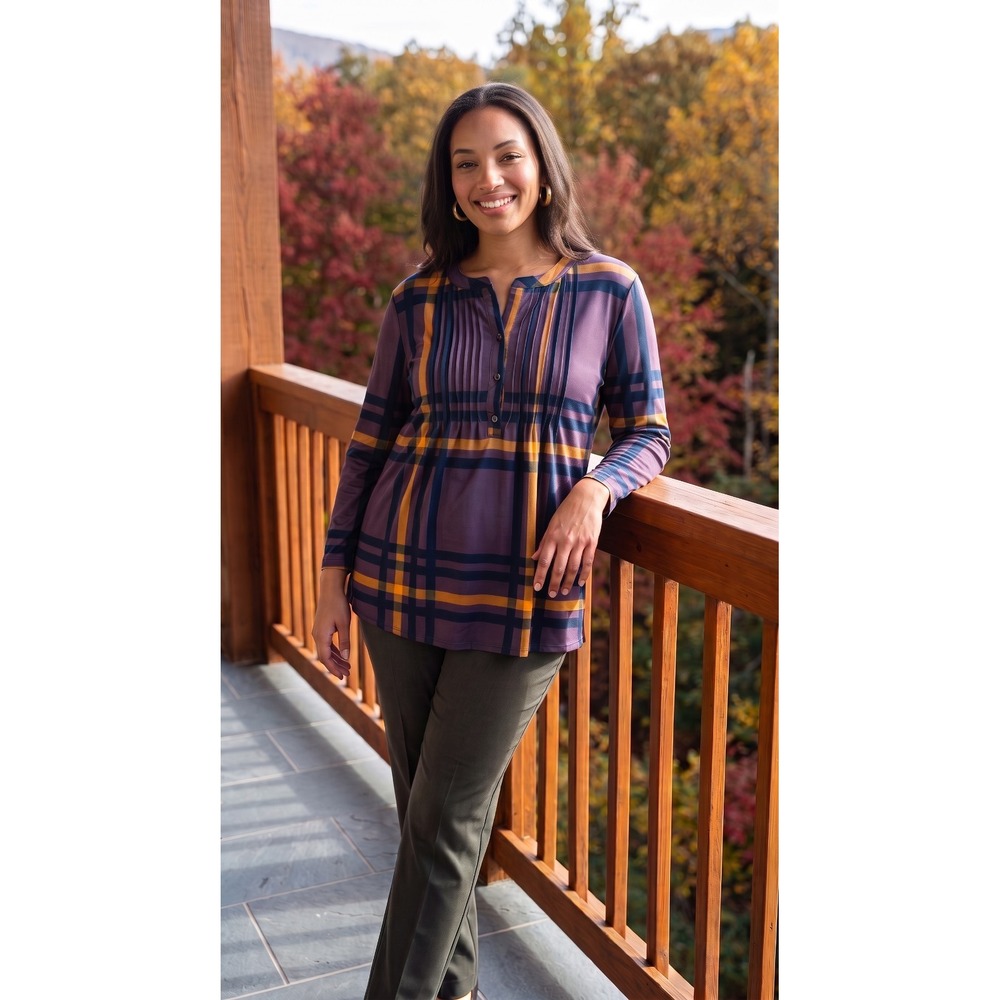 Reborn Purple/Gold Plaid Womans Popover Tunic Size 1X Preppy Fall